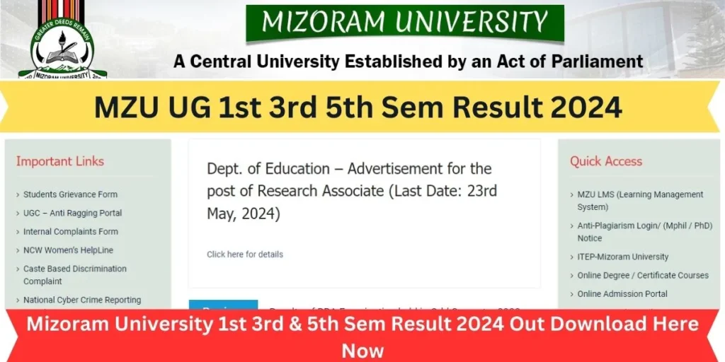 MZU UG 1st 3rd 5th Sem Result 2024